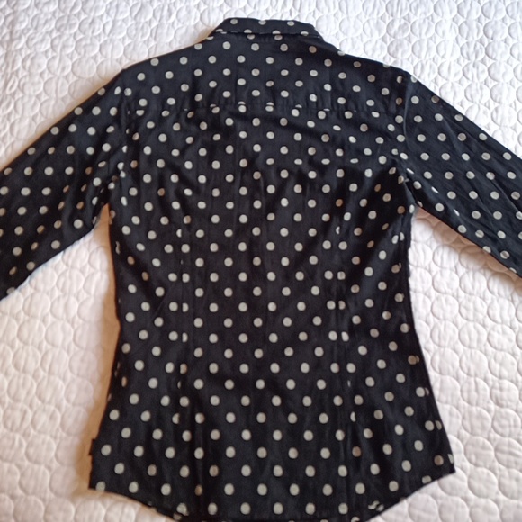 NWT New Armani Jeans $195 Navy White Linen-look Polka Dot button up shirt XS (4) - Picture 10 of 11